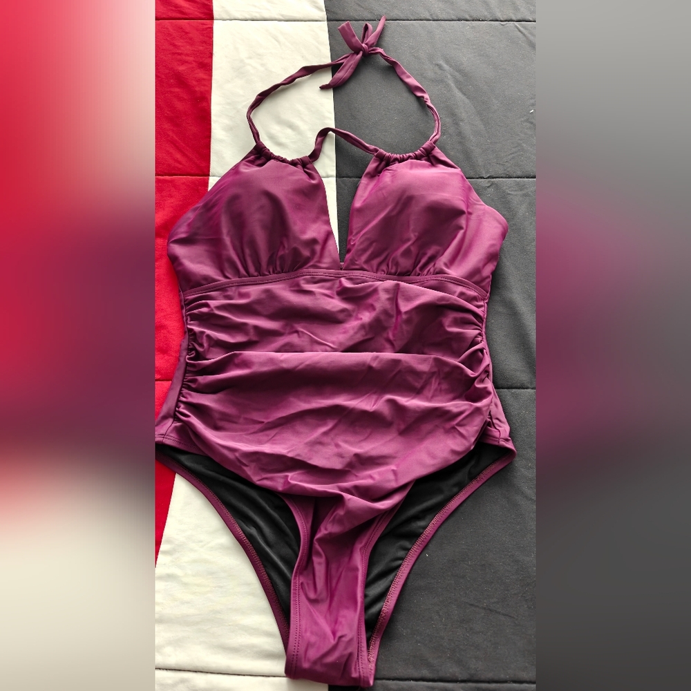 Purple Halter One-Piece Swimsuit, Size L
